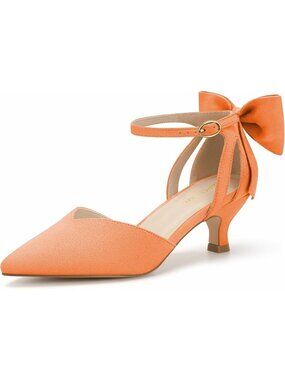 Women's Orange Stylish Kitten Heels with Bow Closed Toe Ankle Strap Wedding Pump